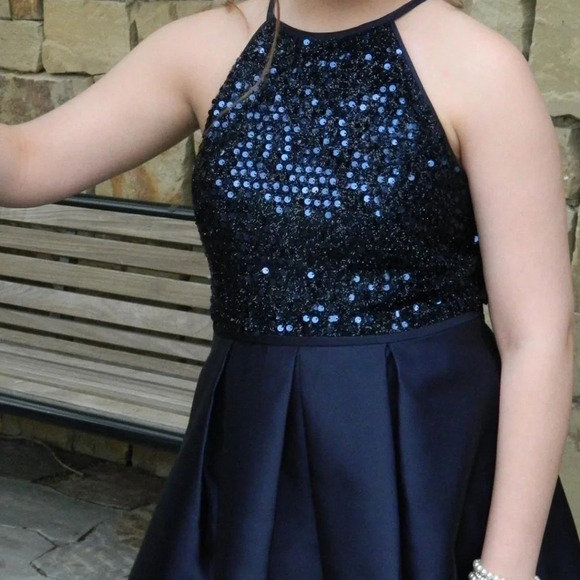 Navy Blue Sequins Halter Top Dress Prom Homecoming - Picture 2 of 3